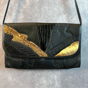 Vintage Palizzio Bag‎ Leather & Snake Skin Crossbody Evening Purse Black 90s Y2K